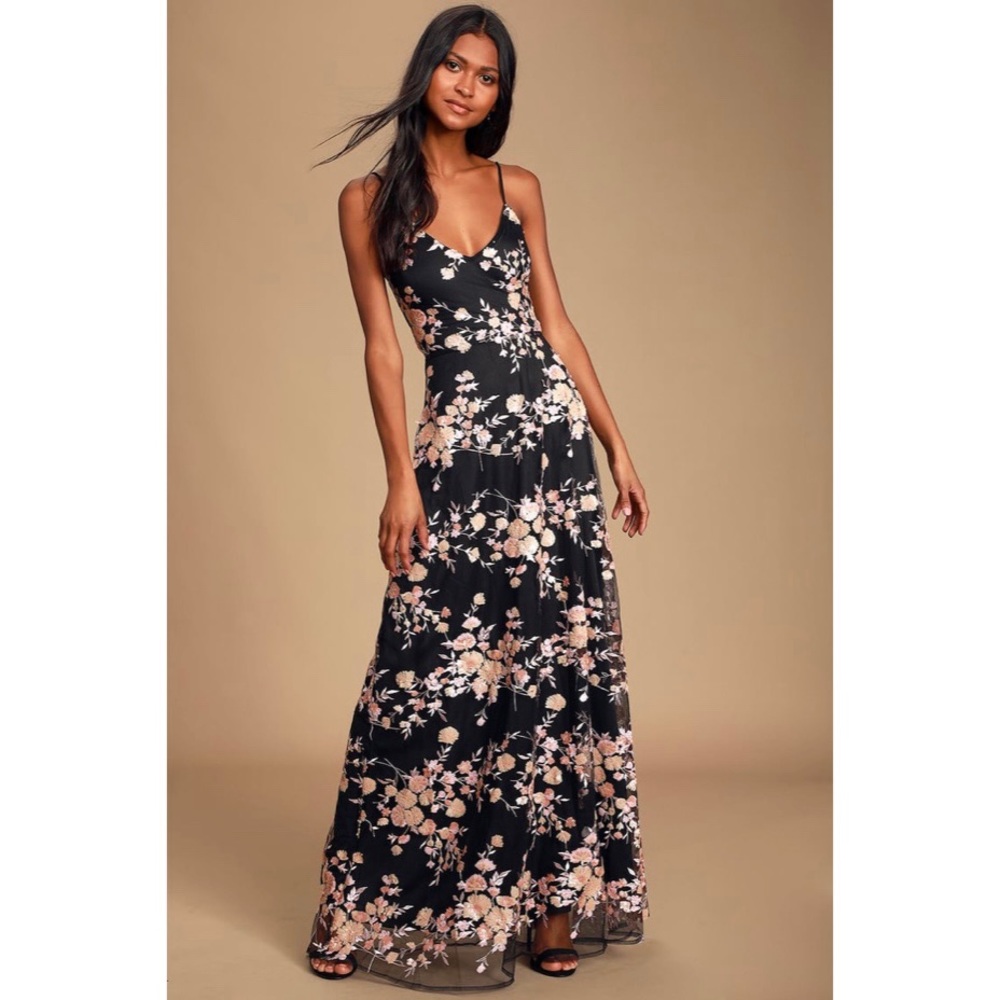 NEW Lulus Glory and Glitz Black Floral Sequin Lace-Up Maxi Dress